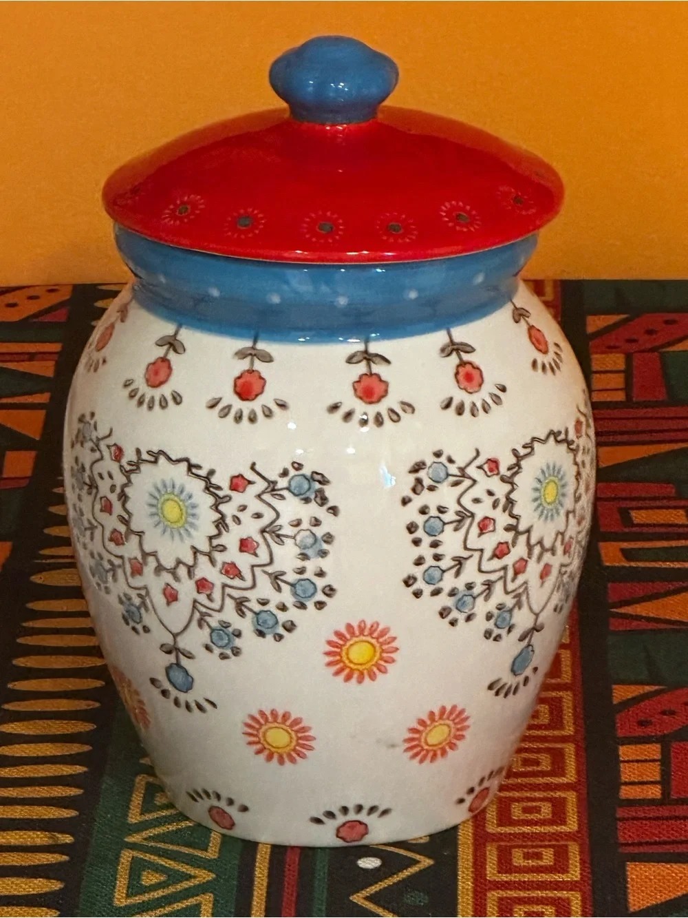 Grace's Bakeware Ceramic Painted Floral Red/Blue Cookie Jar/Canister